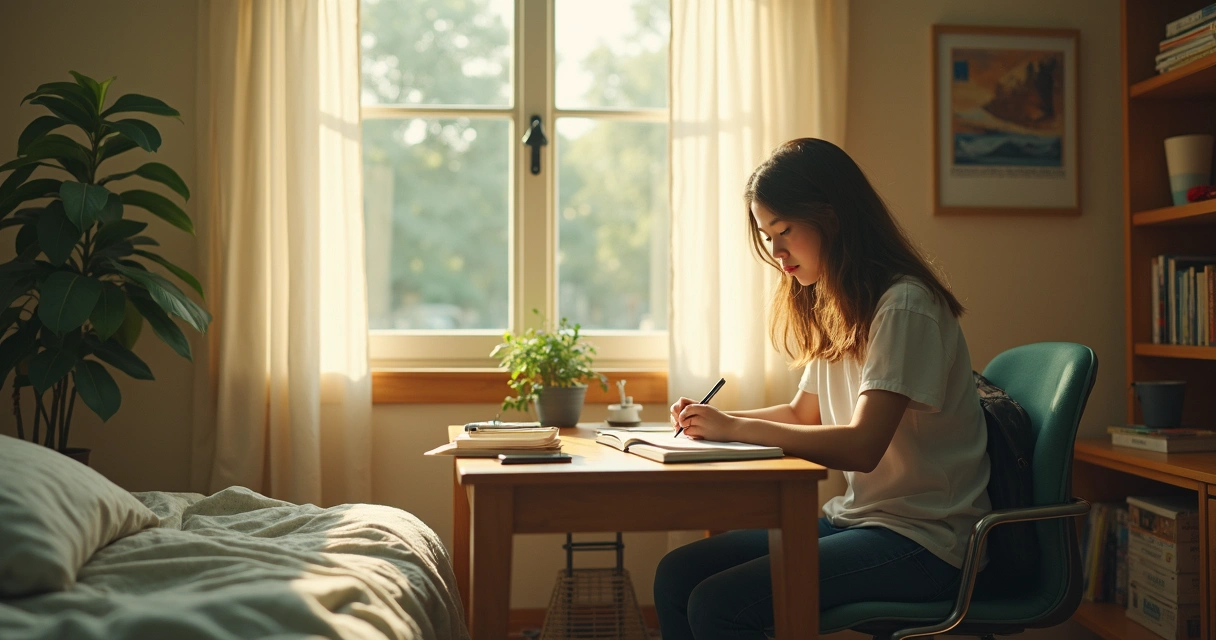 Teen writing in a journal by a bedroom window 