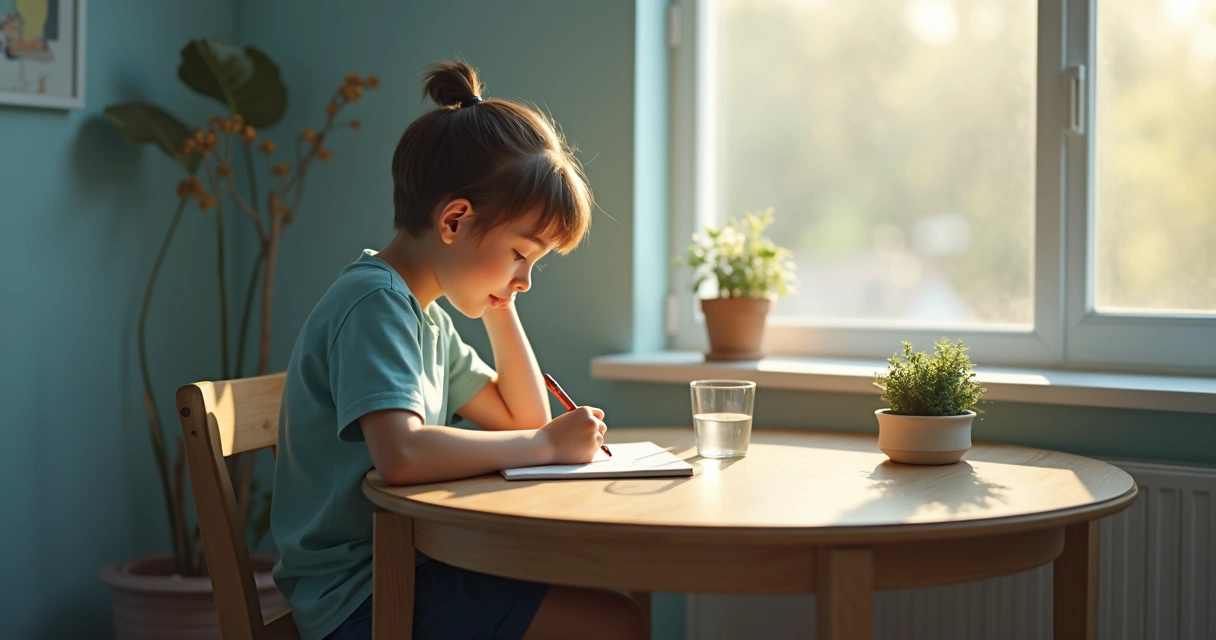 Teen writing in a journal by a window