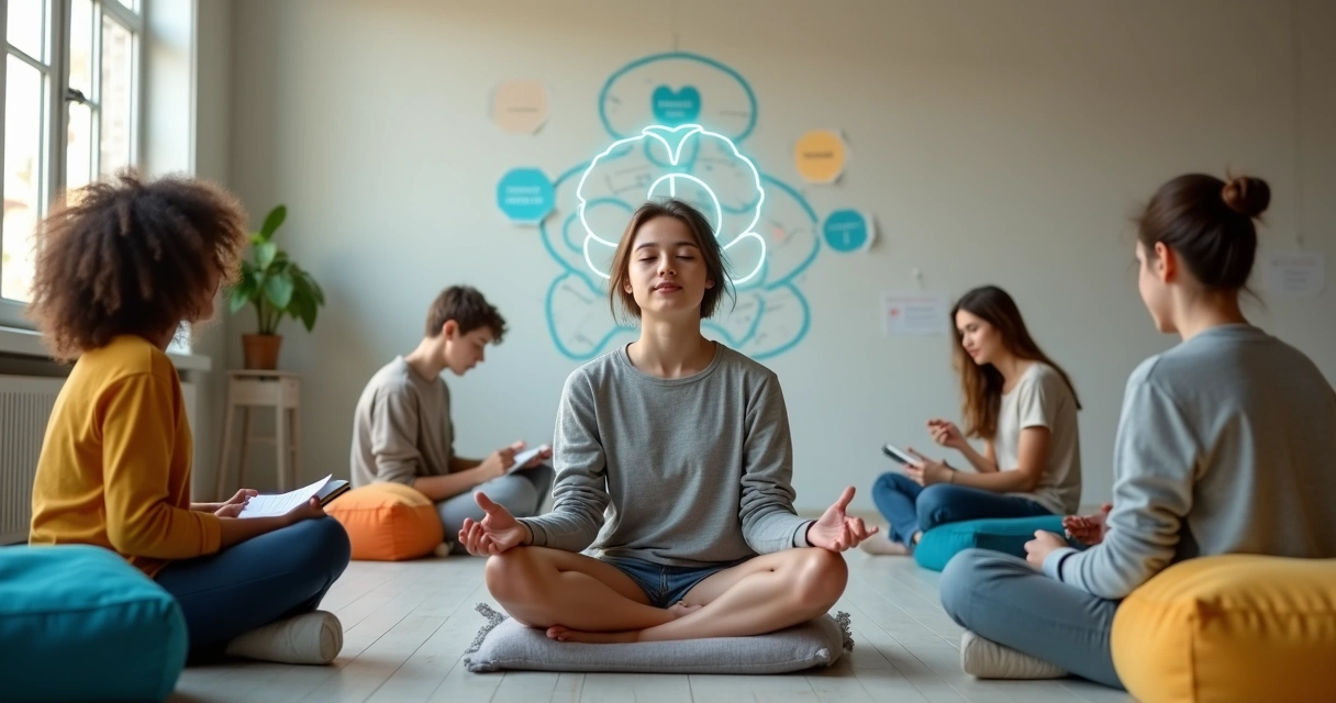 Teenager practicing mindfulness with symbols of mind and emotions around 