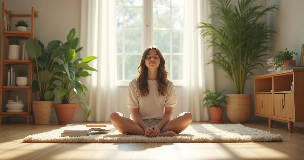 Teen practicing mindful breathing indoors 