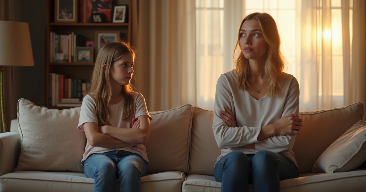 Teen sitting on sofa with arms crossed and mother standing nearby, both looking upset 