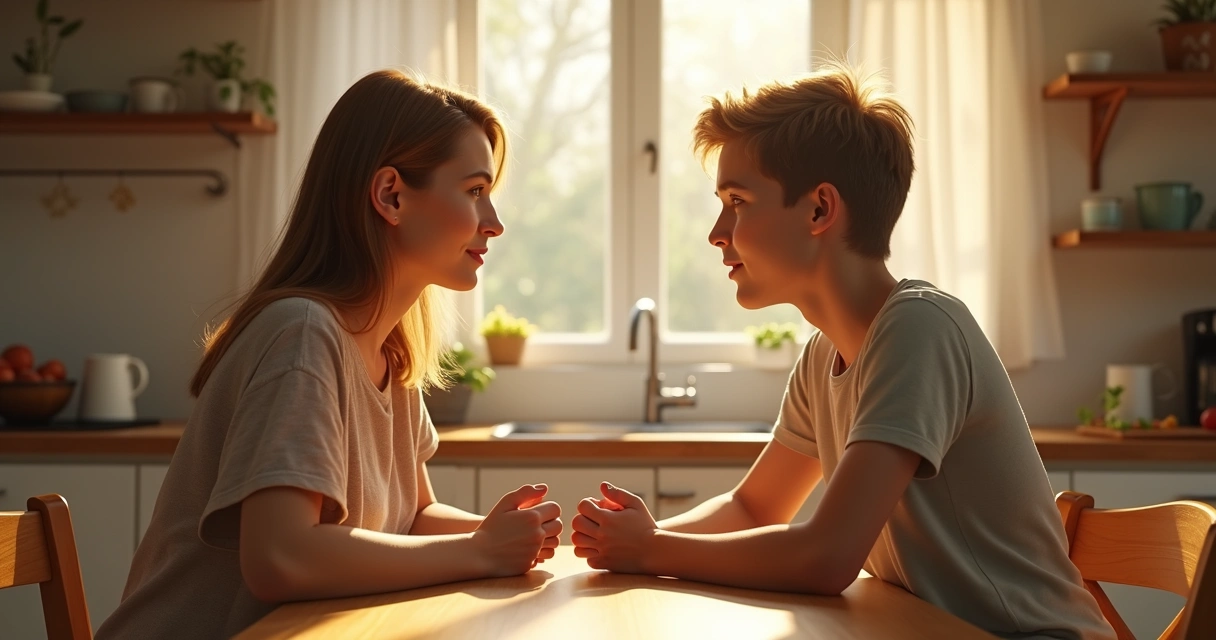 Mother and teenage son sitting together at a kitchen table, having a calm conversation