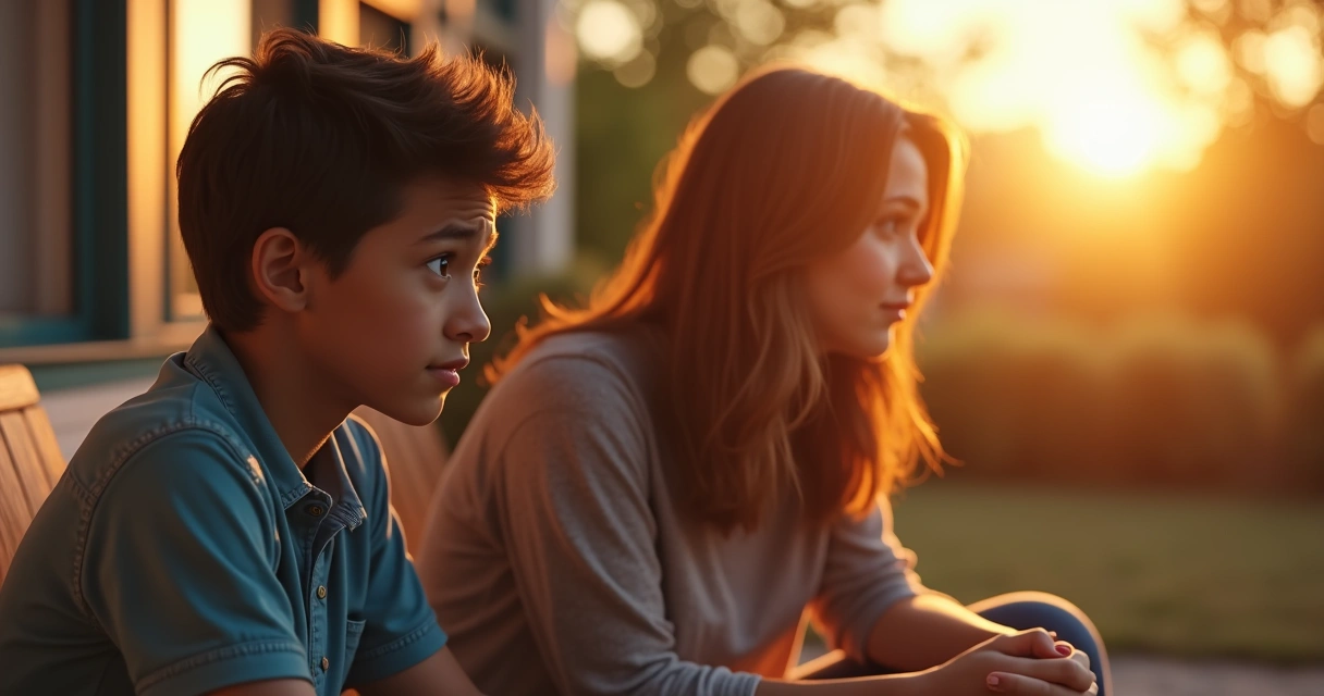 Teen and parent having a serious conversation on the house porch 