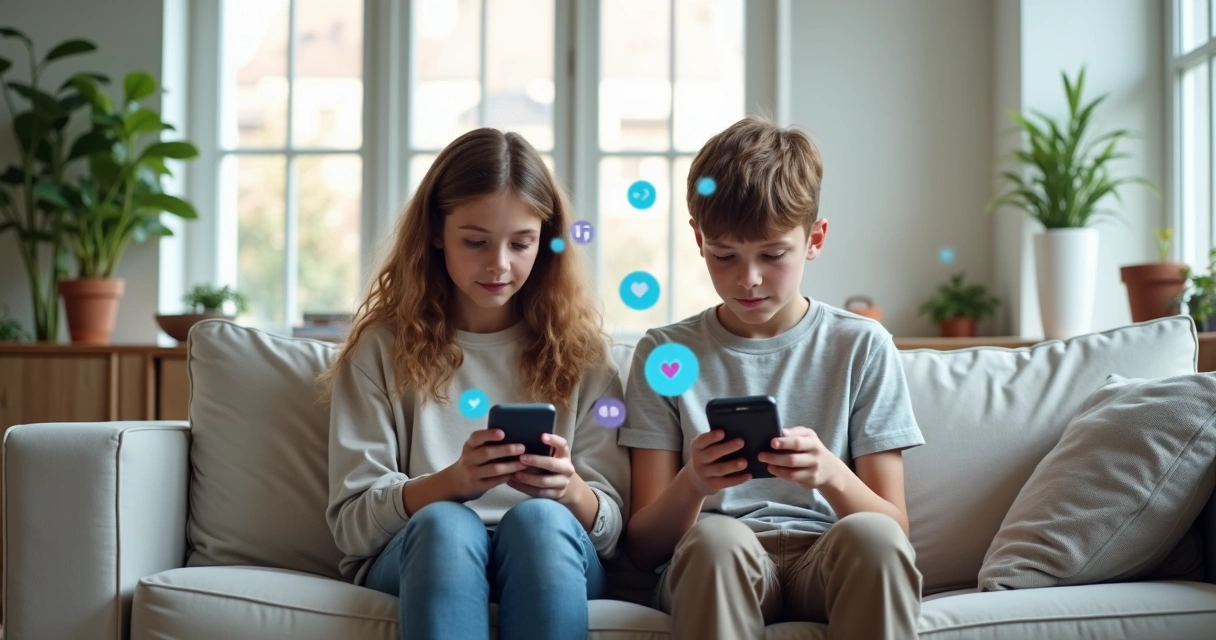 Teen sitting in a modern living room using a smartphone 