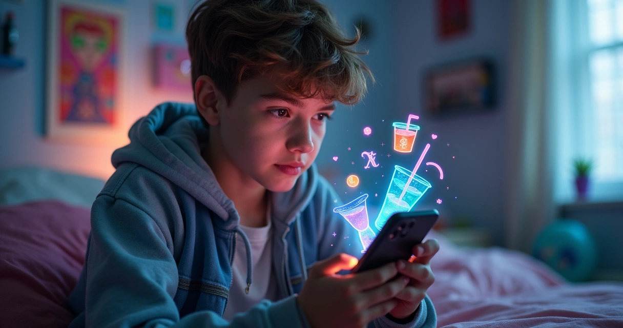 Teenager looking at phone with vape and drink icons overlay 