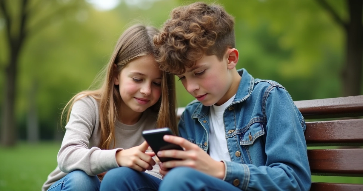 Teen boy and girl sitting together, boy looking at phone, girl talking with concerned expression 