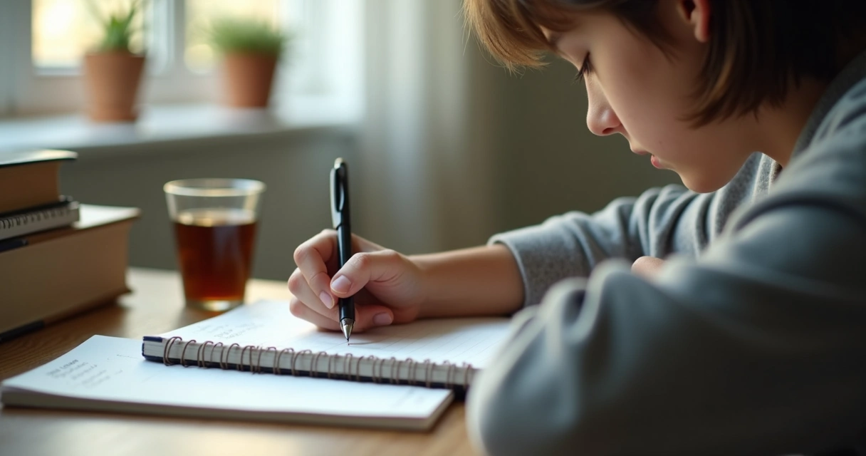 Teen writing in a journal by a window 