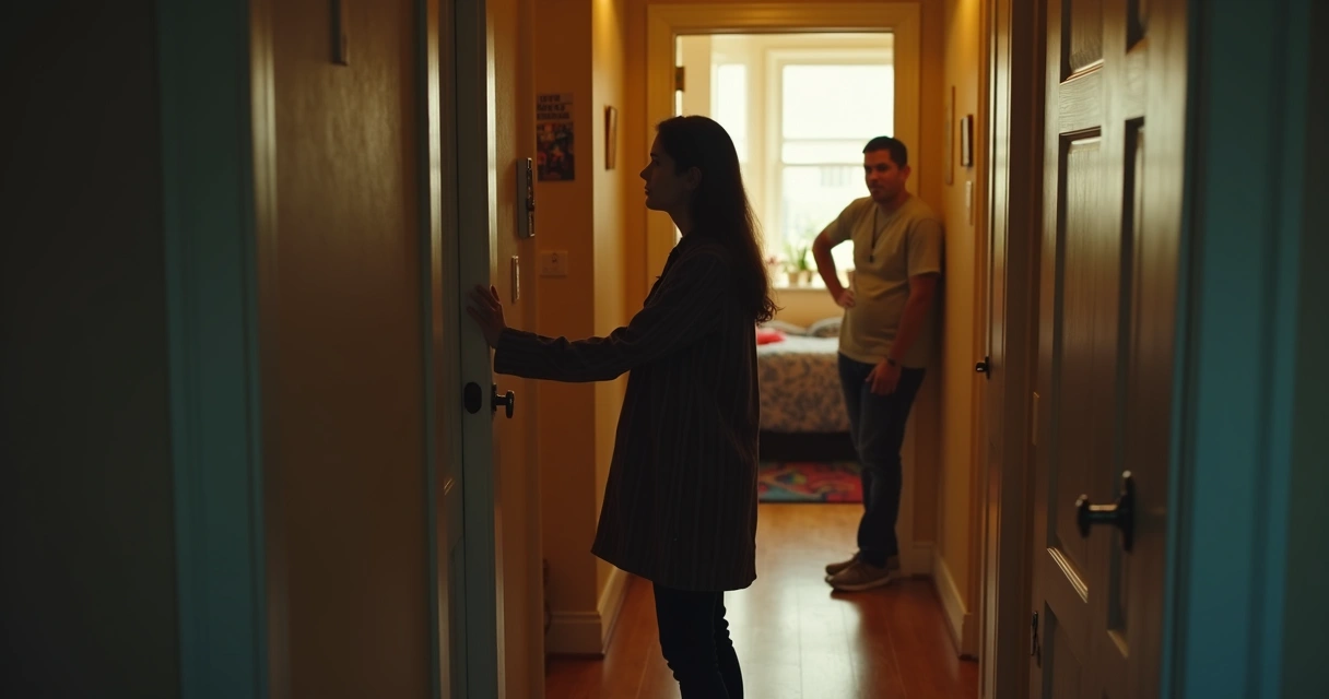 Teenager closing bedroom door, parent waiting outside 