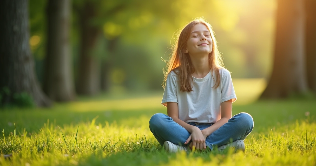 Teen sitting cross-legged on grass meditating with trees in background 