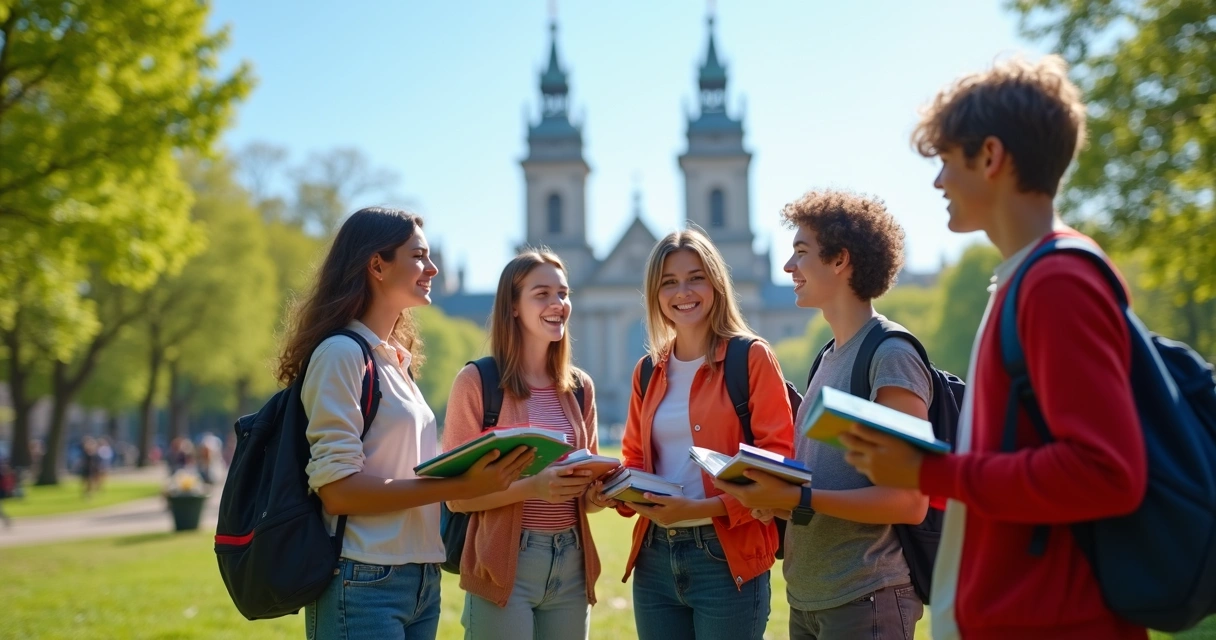 Grupo de adolescentes de diferentes culturas compartilhando e aprendendo ao ar livre em um vibrante parque da cidade