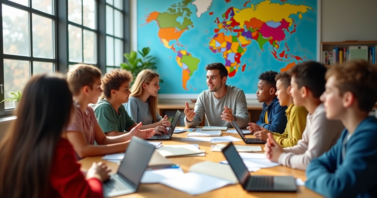 Teenagers participating in an interactive language class 