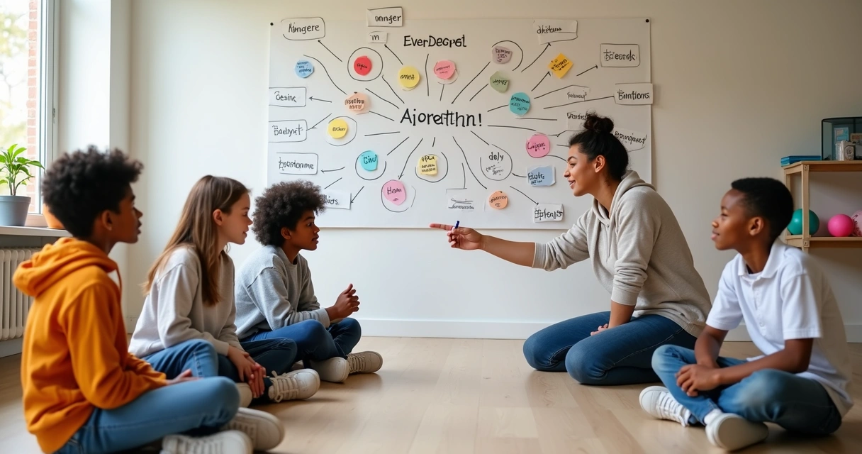 Teens and adult guiding a feelings map on classroom wall 