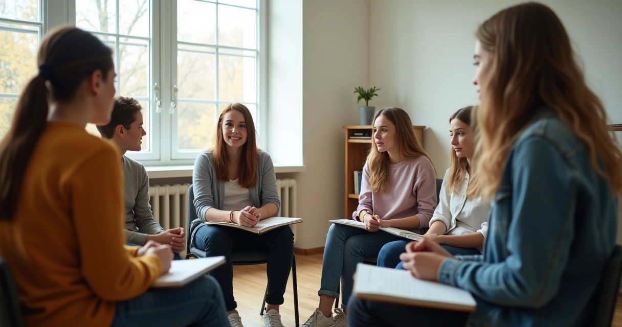 Teens seated in a circle during a guided discussion 