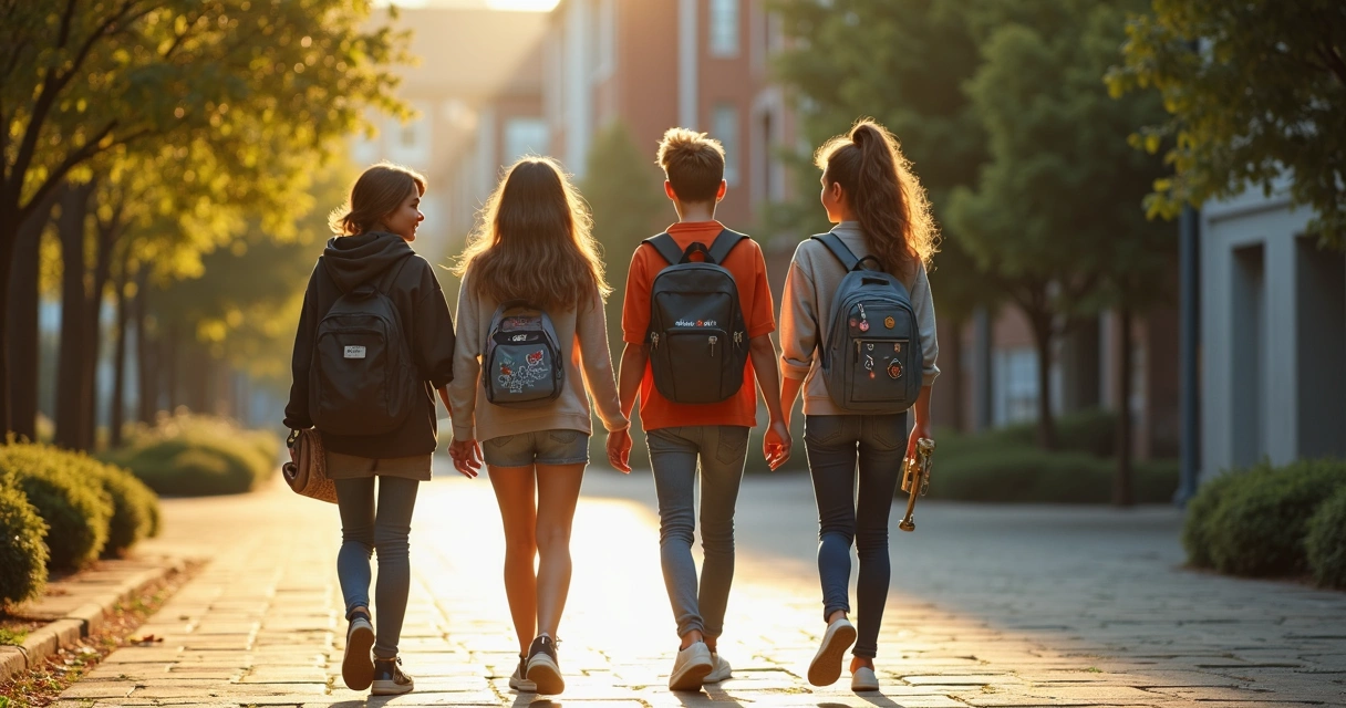 Teen group walking through campus path talking together 