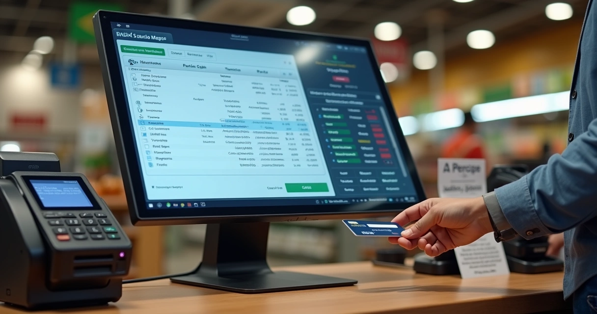Terminal TEF integrado ao caixa de supermercado com cliente pagando no cartão 