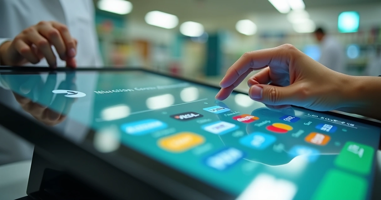 Painel de PDV de farmácia mostrando opções de pagamento com várias bandeiras de cartão 