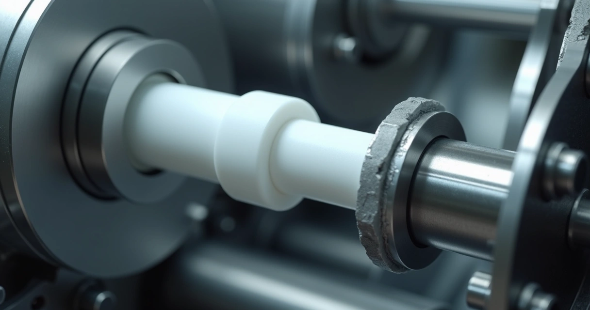 Peça usinada em teflon branco instalada em linha industrial metálica 