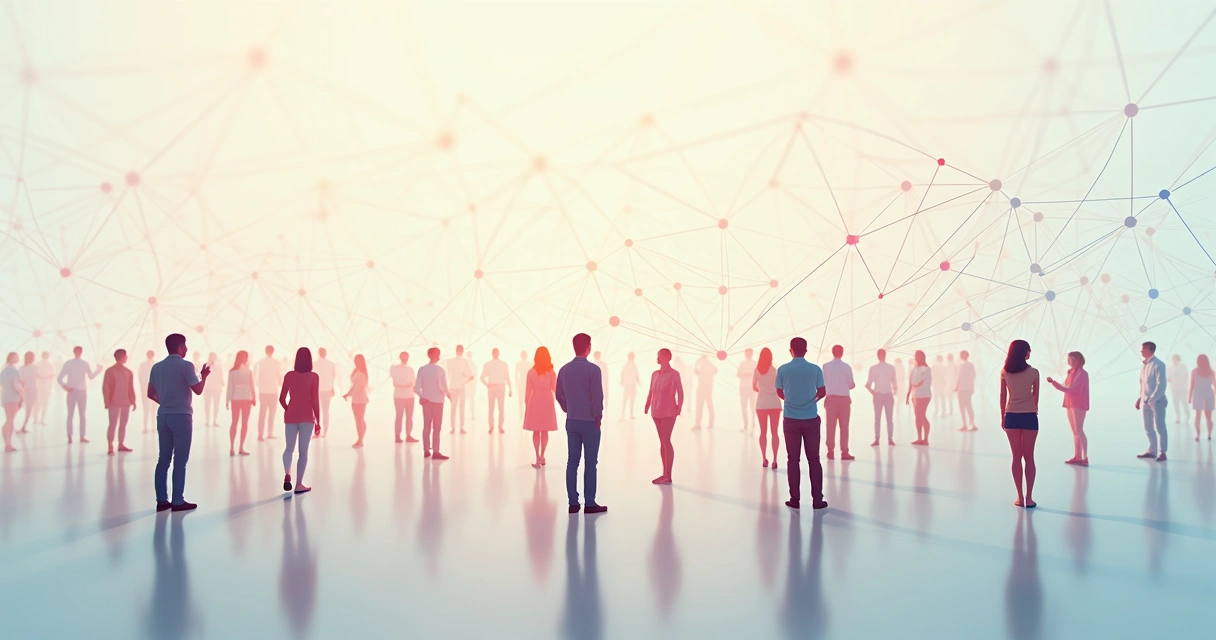 Ilustração abstrata de pessoas conectadas por linhas finas e coloridas. 