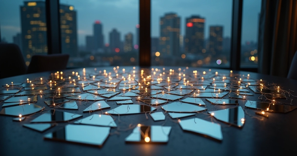 Rostos urbanos refletidos em cacos de espelho ligados por fios de luz 