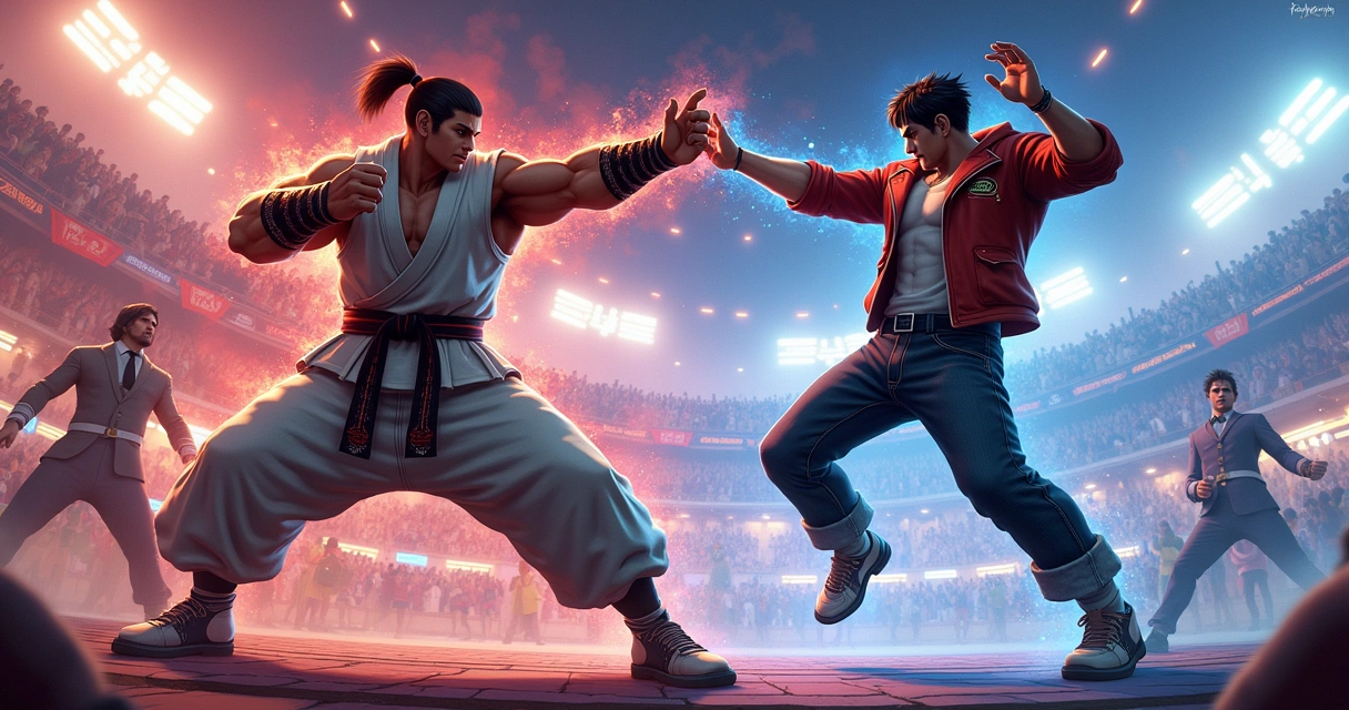 Ilustração de uma batalha dinâmica no Tekken 7 com dois lutadores em um cenário vibrante e cheio de emoção.