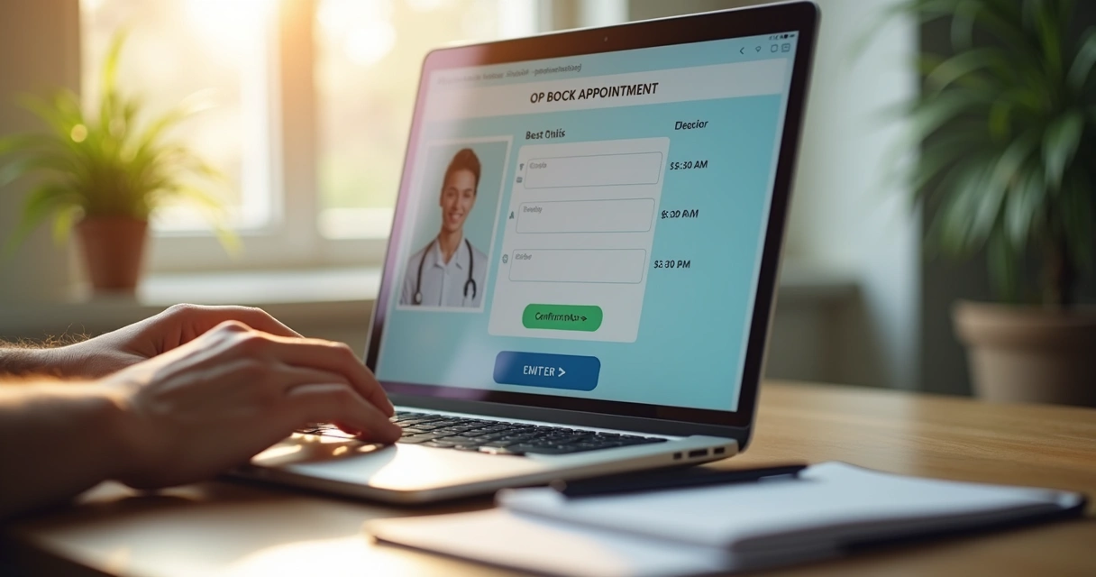 Paciente agendando consulta médica online em desktop moderno 