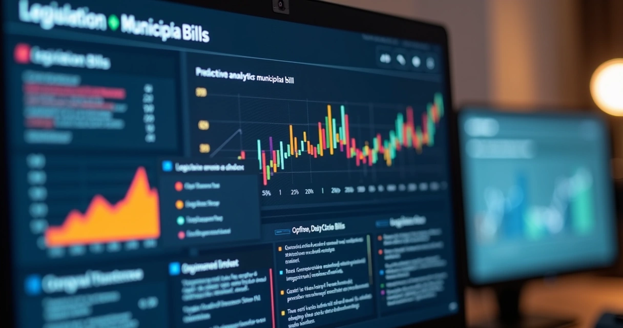 Tela de computador exibe análise preditiva de projetos de lei em câmara municipal, com gráficos coloridos e recomendações automáticas.
