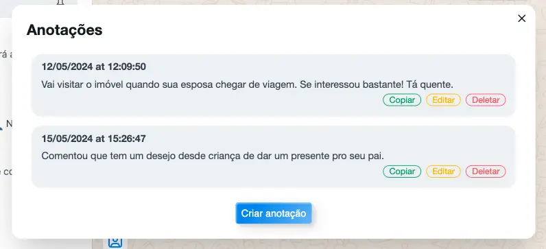 Tela de anotações com datas, textos e opções de copiar, editar e deletar