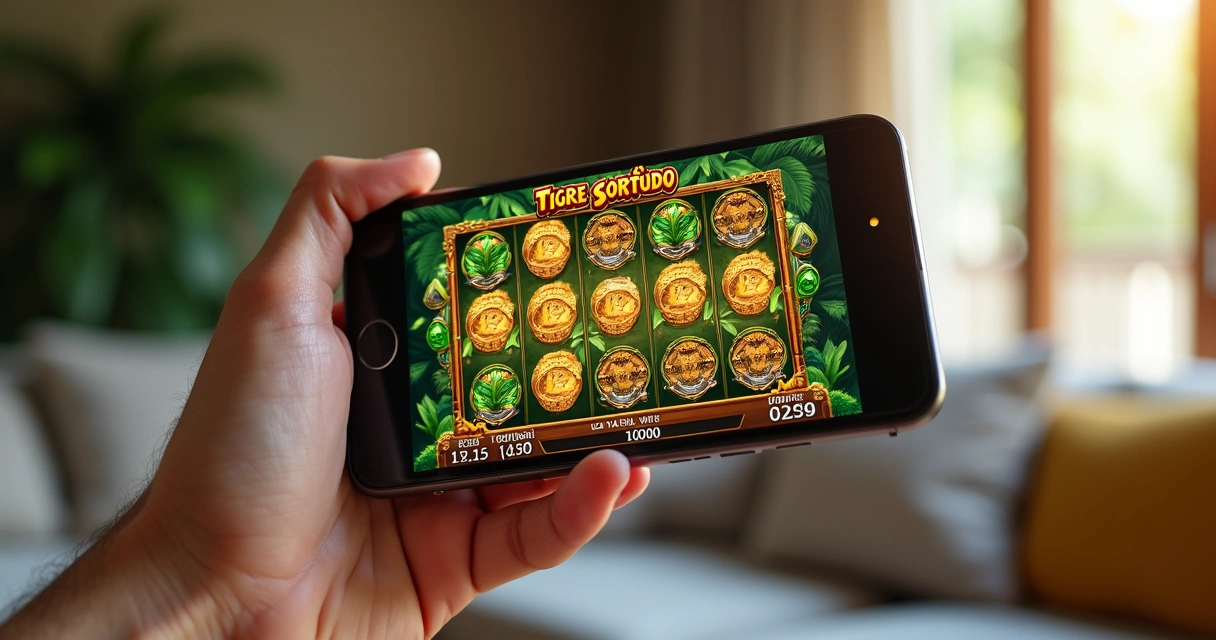Pessoa segurando celular com slot tigre sortudo na tela 