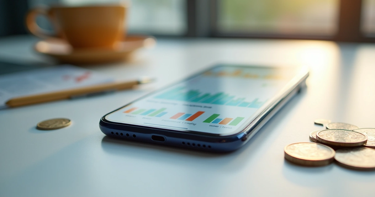 Smartphone com aplicativo de finanças aberto na tela mostrando gráficos animados 