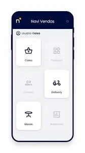 Tela de aplicativo de PDV com opções de Caixa, Delivery, Mesa e Reservas