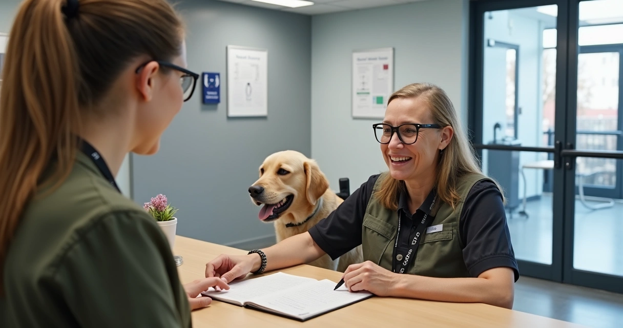 Servidor público em balcão com notebook atendendo um cidadão com deficiência visual utilizando cão-guia