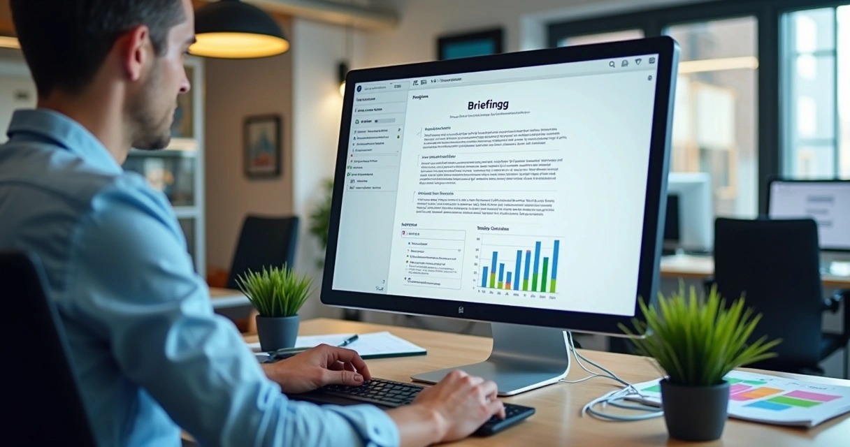 Tela de computador mostrando documento de briefing de marketing digital 