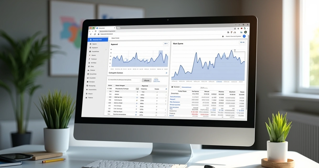 Visualização da tela de criação de campanha do Google Ads, com gráficos sobre desempenho de anúncios e análise de palavras-chave. 