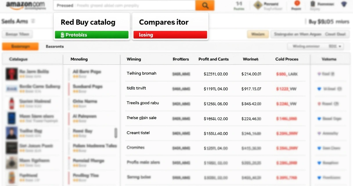 Lista de produtos em catálogo destacando o status de vendedor em destaque e perdendo a Buy Box