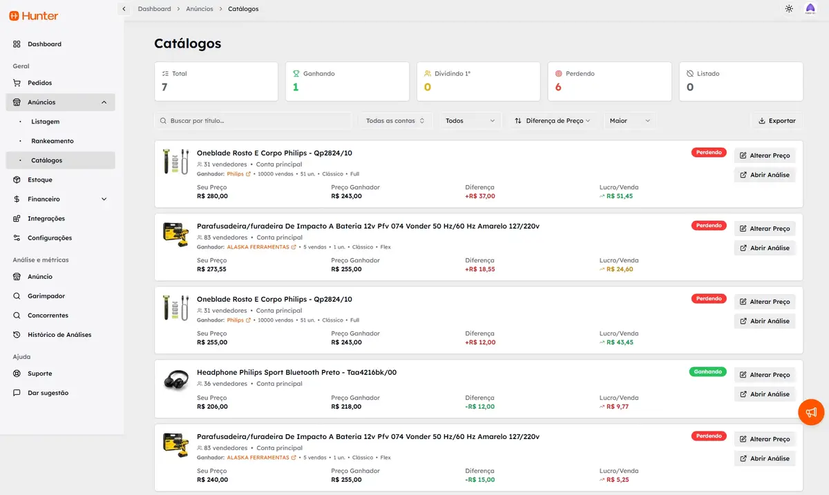 Tela da plataforma Hunter mostrando a aba Catálogos com lista de produtos, preços e lucro por venda