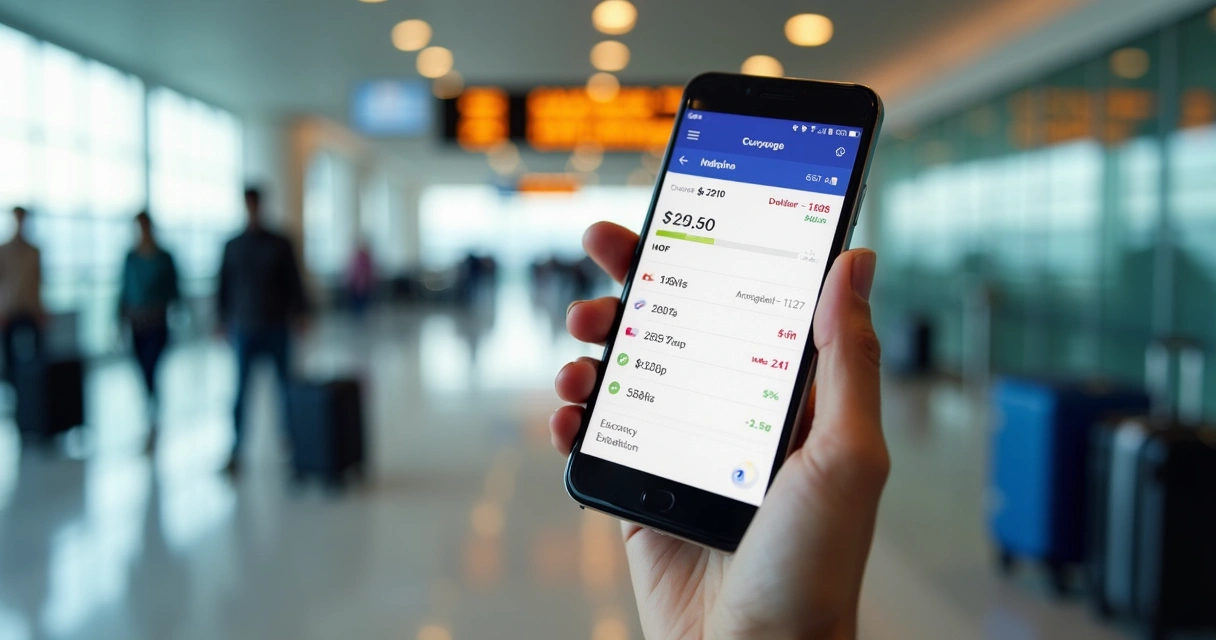 Pessoa consultando câmbio e IOF no celular para viagem
