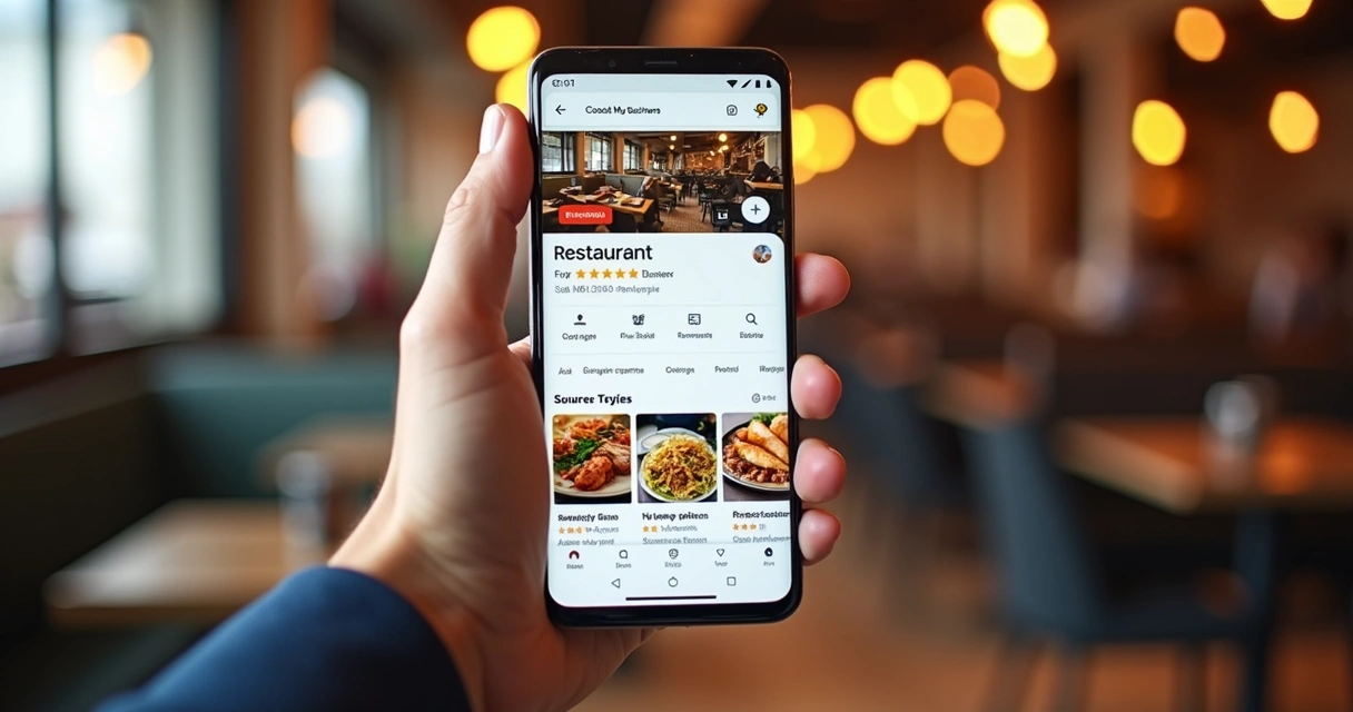 Tela de smartphone mostrando perfil bem avaliado de restaurante no Google Meu Negócio 