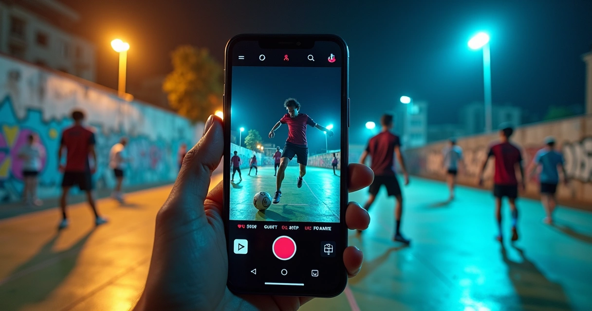 Jovem grava destaque de futebol de rua pelo TikTok em quadra urbana à noite 