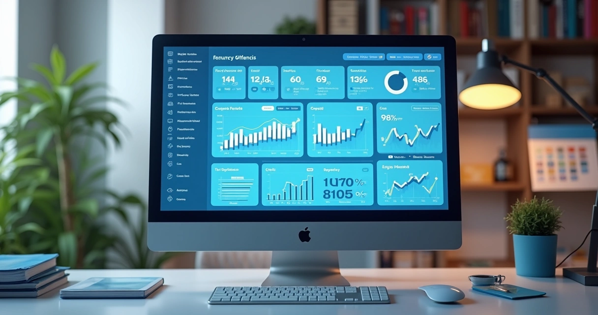 Tela de computador exibe gráficos e dados tributários 