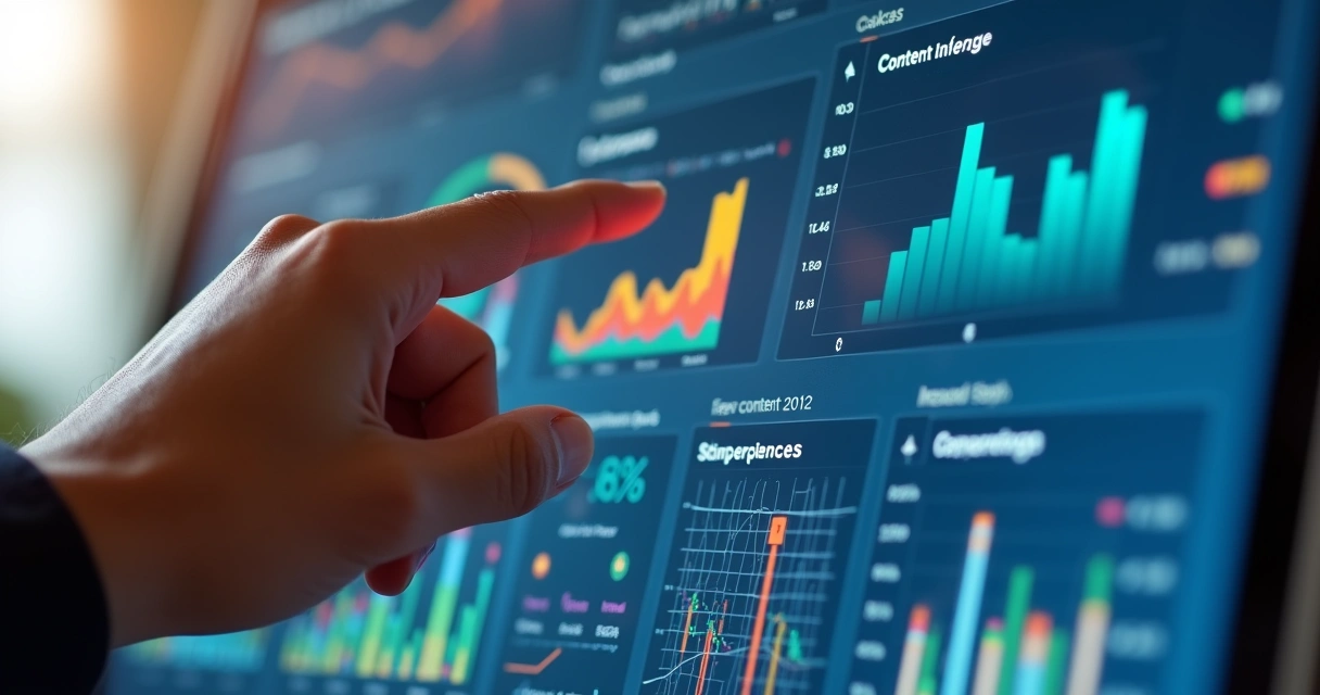 Painel digital mostrando métricas de ROI de conteúdo 