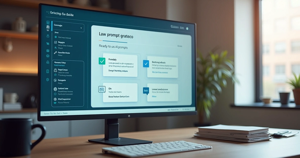 Tela de computador mostrando guia jurídico com prompts prontos 
