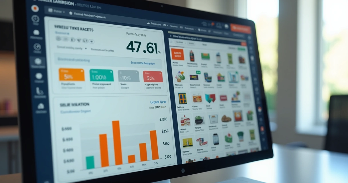Tela de sistema de gestão mostrando controle financeiro e estoque 