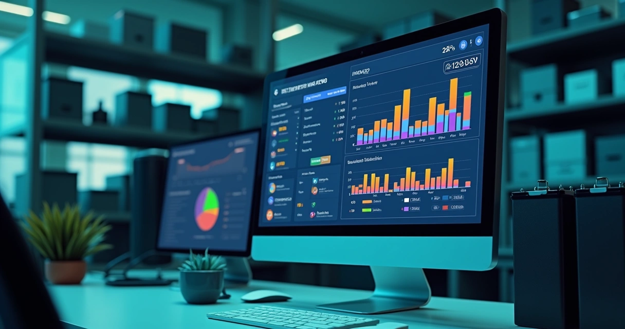 Tela de computador mostrando gráfico de controle de estoque de baterias automotivas 