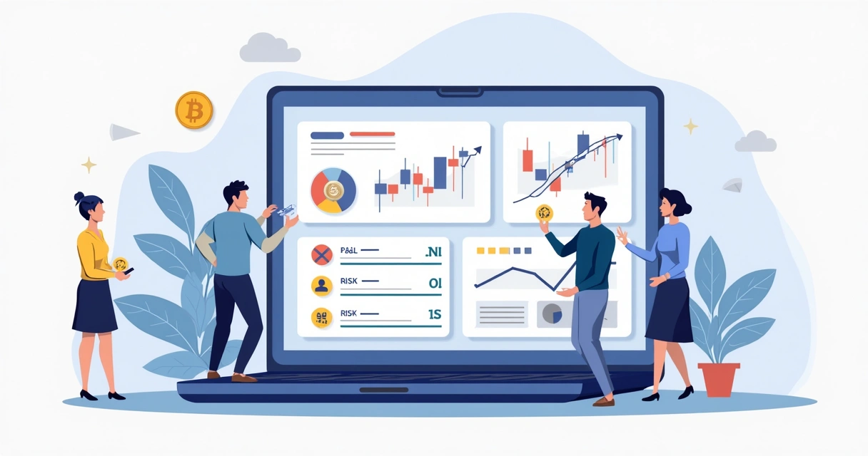 Painel digital mostrando operações de copy trading em criptomoedas 