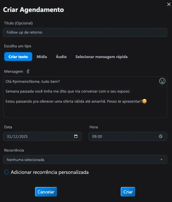 Tela de criação de agendamento no WaSpeed com mensagem personalizada e opções de data e hora