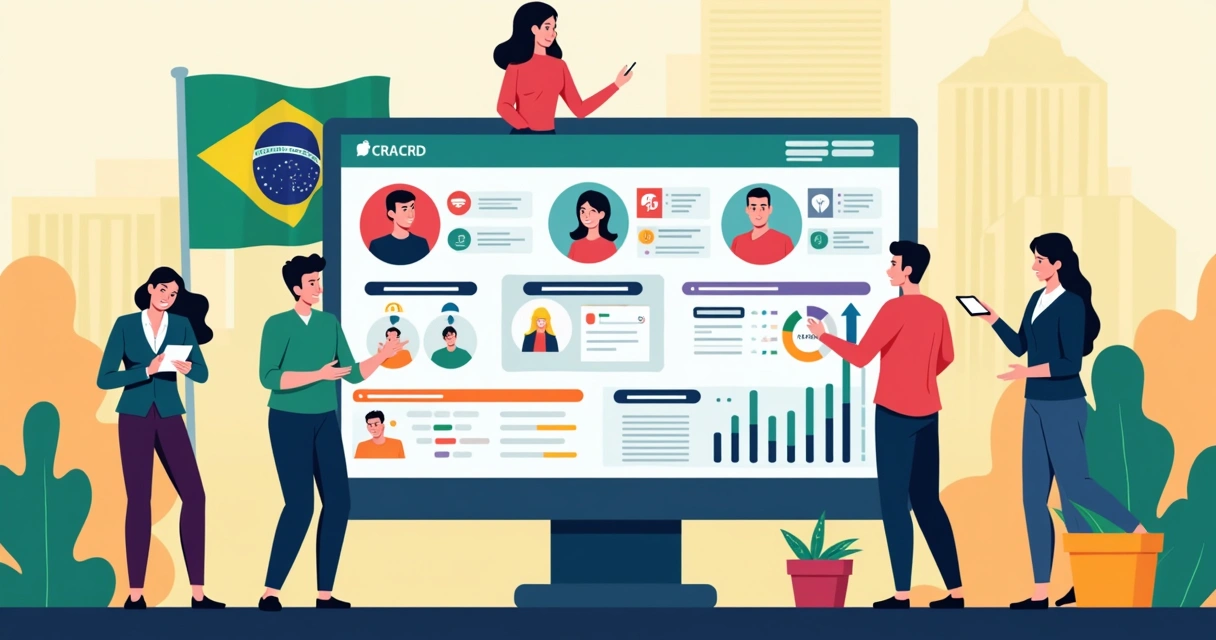 Ilustração de tela de CRM eleitoral com informações de eleitores sendo visualizadas em computadores 