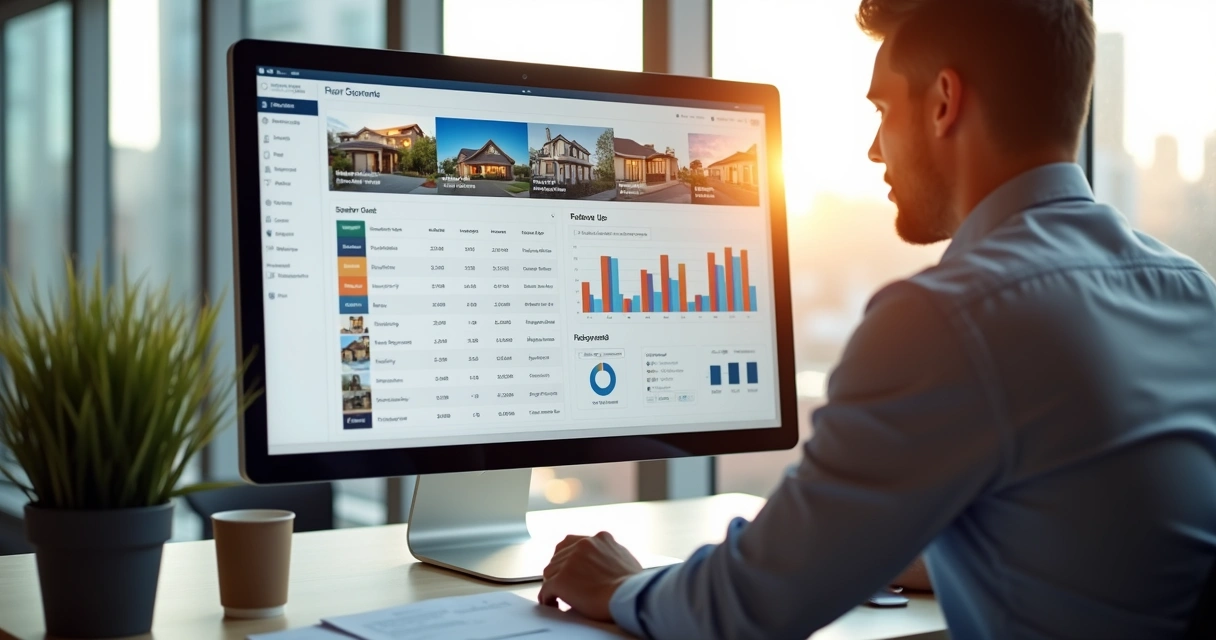 Corretor visualizando tela de CRM com dados de clientes e imóveis 