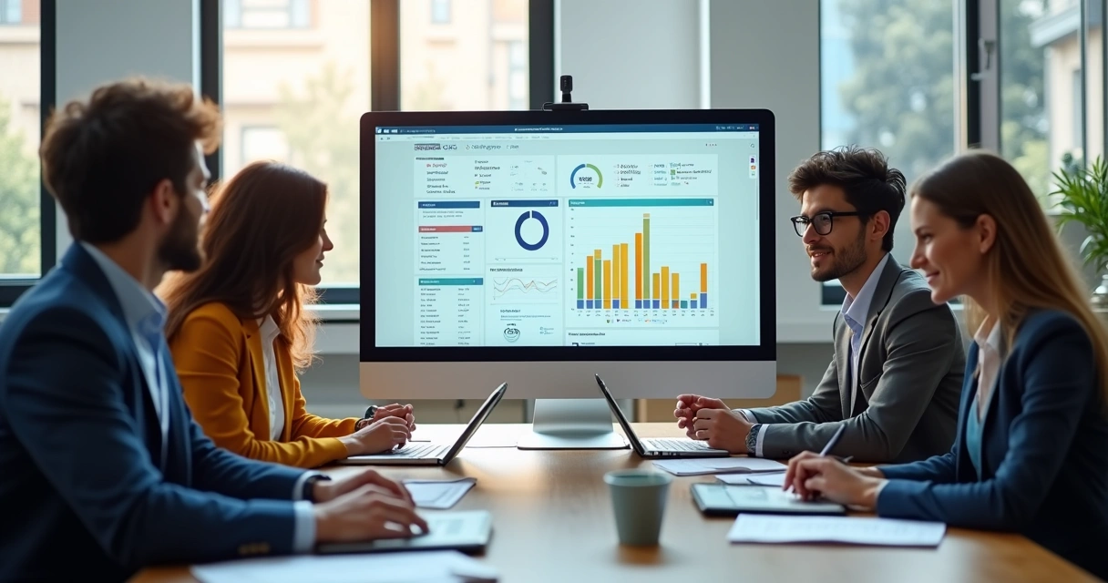 Equipe de vendas analisando painel de metas em tela de CRM 