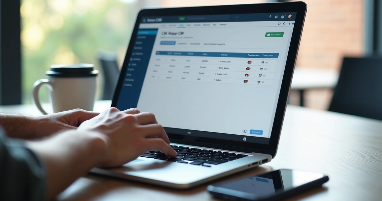 O que um SDR faz: funções, ferramentas e impacto nas vendas 5 Tela de CRM em destaque e mãos atualizando informações