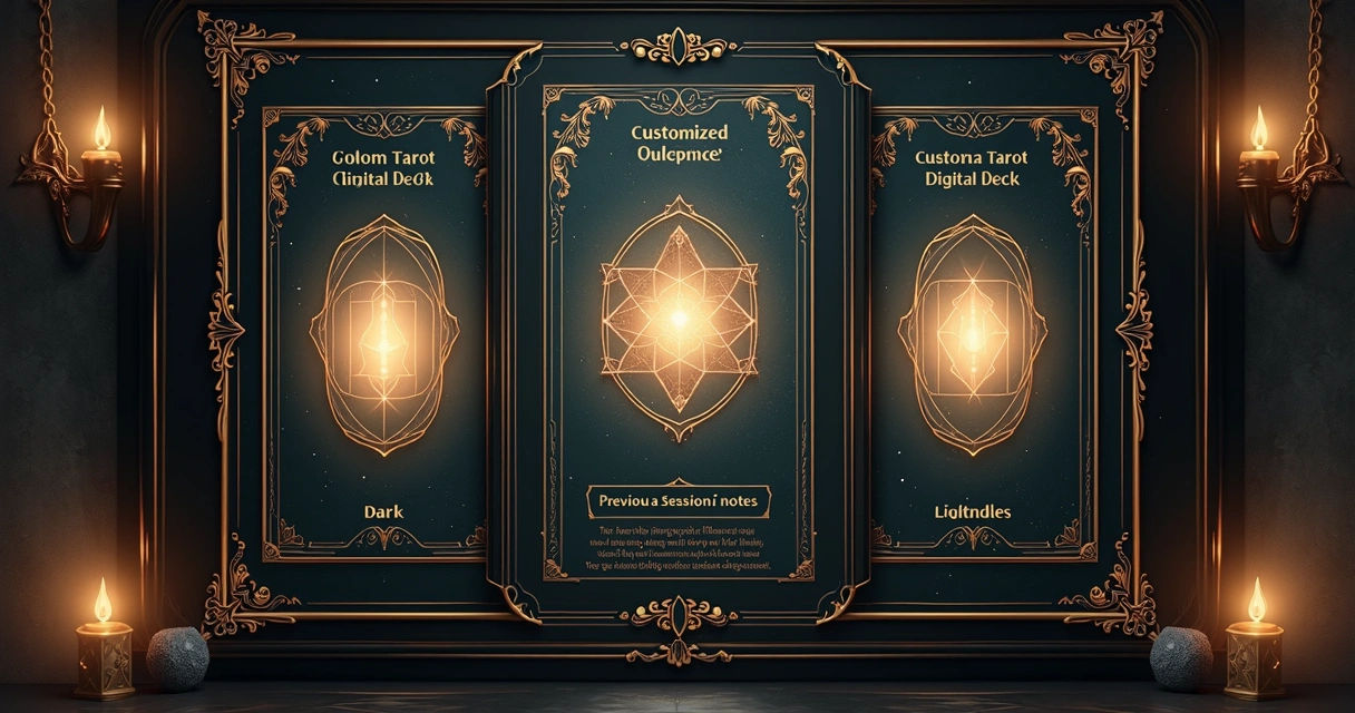 Interface digital mostrando customização de baralho e opções de modo noturno no site de leitura de cartas